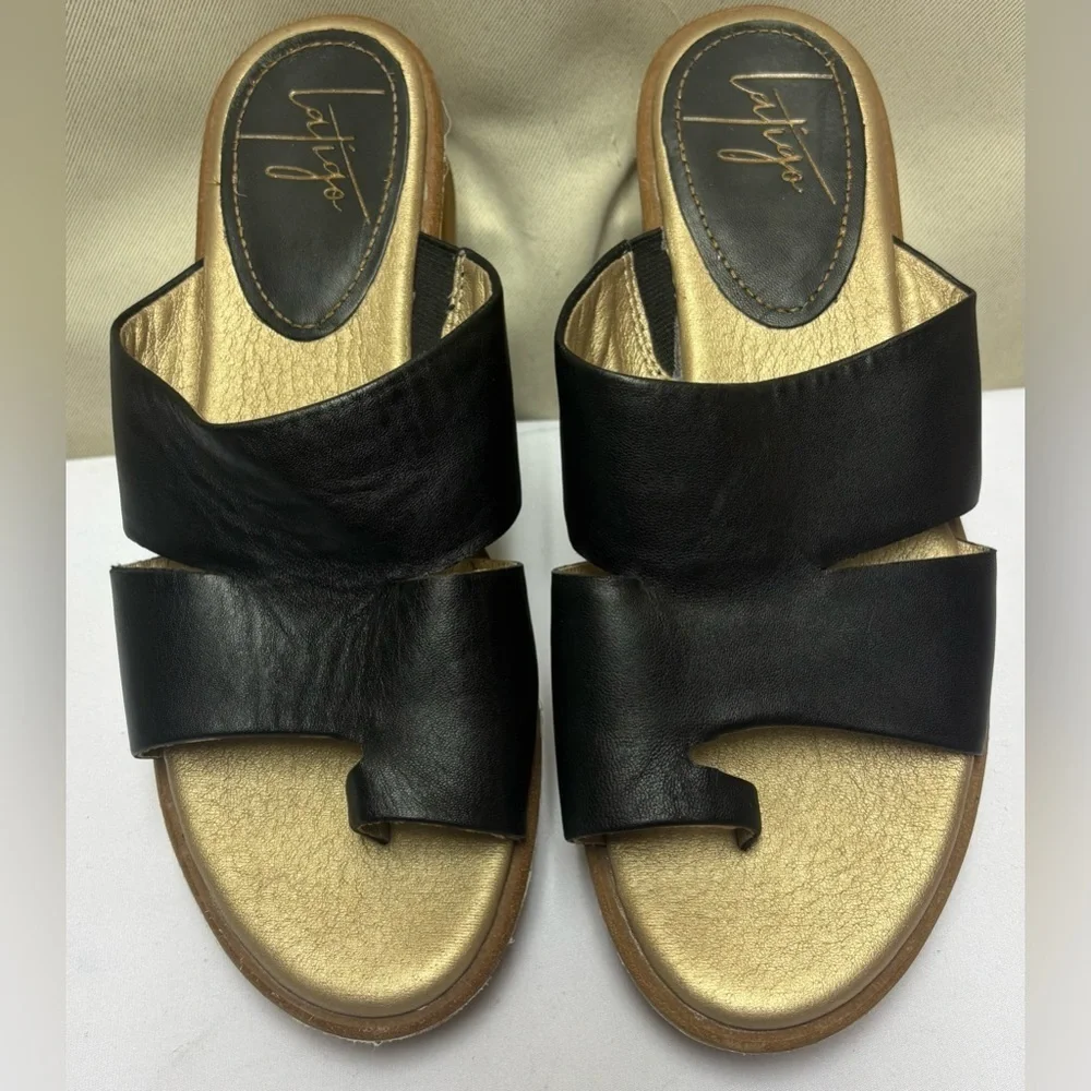 Latigo Women's Black Leather Karen Cork Platform Wedge Wrap Slide Sandals Size 7